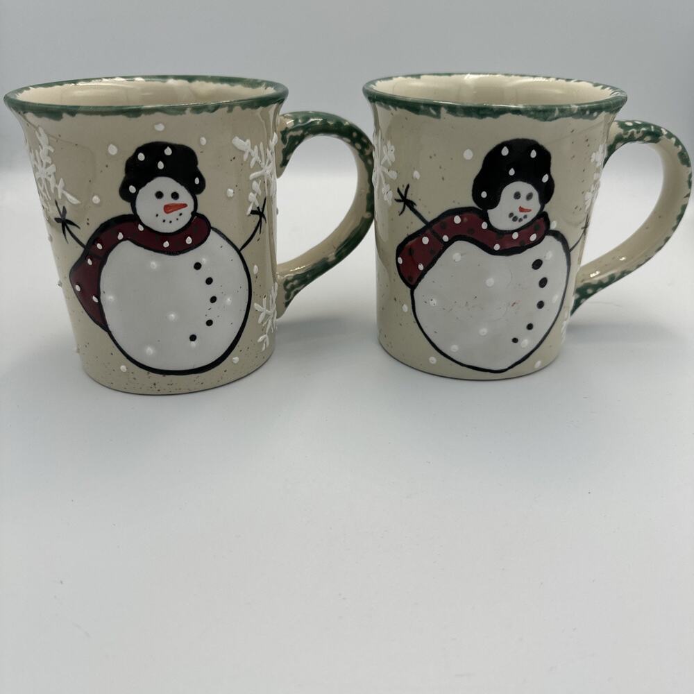 VTG MONTGOMERY WARD Snowman Coffee Mug Tea Cup Hot Chocolate 3D SNOW 16 oz Set 2